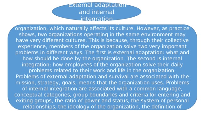  External adaptation and internal integration The external environment has a significant impact on the organization, which naturally affects its culture. However, as practice shows, two organizations operating in the same environment may have very different cultures. This is because, through their collective experience, members of the organization solve two very important problems in different ways. The first is external adaptation: what and how should be done by the organization. The second is internal integration: how employees of the organization solve their daily problems related to their work and life in the organization. Problems of external adaptation and survival are associated with the mission, strategy, goals, means that the organization uses. Problems of internal integration are associated with a common language, conceptual categories, group boundaries and criteria for entering and exiting groups, the ratio of power and status, the system of personal relationships, the ideology of the organization, the definition of desirable and undesirable behavior. 