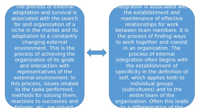 The process of external adaptation and survival is associated with the search for and organization of a niche in the market and its adaptation to a constantly changing external environment. This is the process of achieving the organization of its goals and interaction with representatives of the external environment. In this process, issues related to the tasks performed, methods for solving them, reactions to successes and failures, etc. are solved; The process of internal integration is associated with the establishment and maintenance of effective relationships for work between team members. It is the process of finding ways to work together and coexist in an organization. The process of internal integration often begins with the establishment of specificity in the definition of self, which applies both to individual groups (subcultures) and to the entire team of the organization. Often this leads to a differentiation of the organization. 