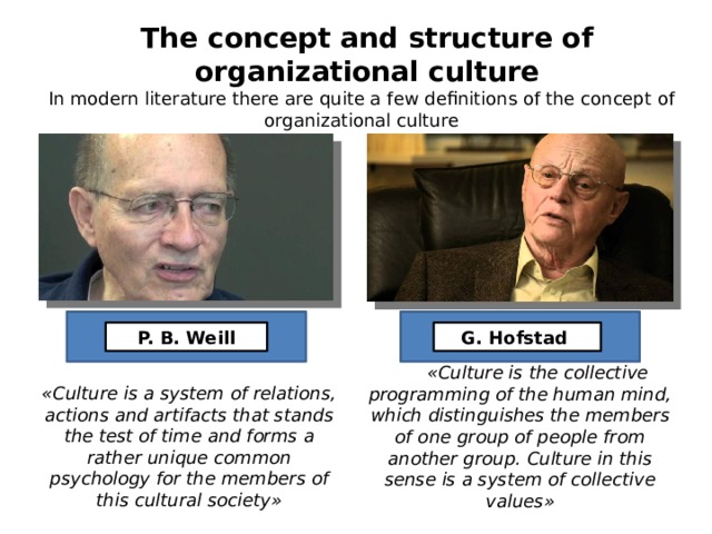 The concept and structure of organizational culture In modern literature there are quite a few definitions of the concept of organizational culture P. B. Weill G. Hofstad «Culture is the collective programming of the human mind, which distinguishes the members of one group of people from another group. Culture in this sense is a system of collective values» «Culture is a system of relations, actions and artifacts that stands the test of time and forms a rather unique common psychology for the members of this cultural society» 
