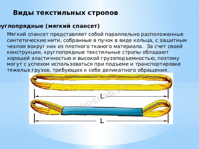 Виды текстильных стропов Круглопрядные (мягкий спансет) Мягкий спансет представляет собой параллельно расположенные синтетические нити, собранные в пучок в виде кольца, с защитным чехлом вокруг них из плотного тканого материала.  За счет своей конструкции, круглопрядные текстильные стропы обладают хорошей эластичностью и высокой грузоподъемностью, поэтому могут с успехом использоваться при подъеме и транспортировке тяжелых грузов, требующих к себе деликатного обращения. 