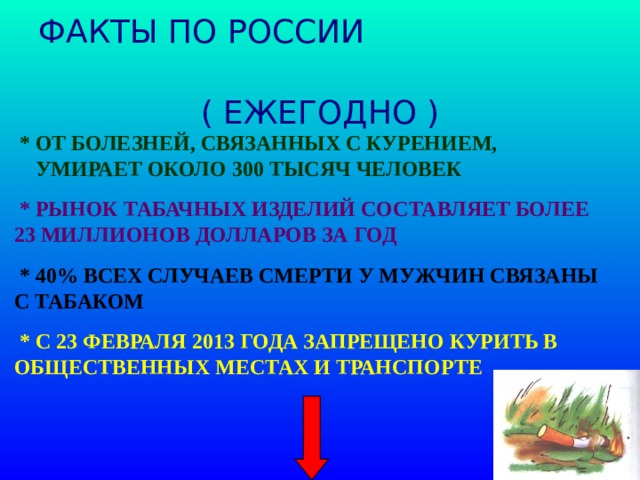ФАКТЫ ПО РОССИИ ( ЕЖЕГОДНО )  * ОТ БОЛЕЗНЕЙ, СВЯЗАННЫХ С КУРЕНИЕМ,  УМИРАЕТ ОКОЛО 300 ТЫСЯЧ ЧЕЛОВЕК   * РЫНОК ТАБАЧНЫХ ИЗДЕЛИЙ СОСТАВЛЯЕТ БОЛЕЕ 23 МИЛЛИОНОВ ДОЛЛАРОВ ЗА ГОД   * 40% ВСЕХ СЛУЧАЕВ СМЕРТИ У МУЖЧИН СВЯЗАНЫ С ТАБАКОМ   * С 23 ФЕВРАЛЯ 2013 ГОДА ЗАПРЕЩЕНО КУРИТЬ В ОБЩЕСТВЕННЫХ МЕСТАХ И ТРАНСПОРТЕ   