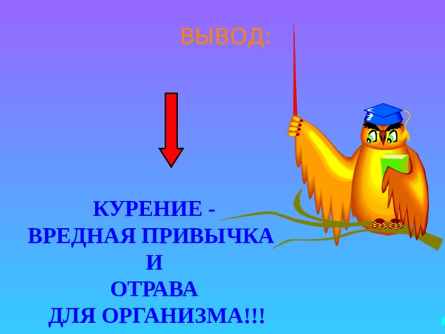 ВЫВОД:  КУРЕНИЕ - ВРЕДНАЯ ПРИВЫЧКА И ОТРАВА  ДЛЯ ОРГАНИЗМА!!! 
