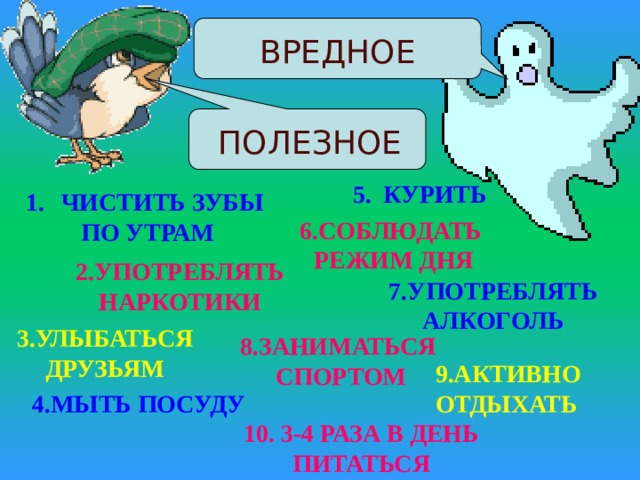  ВРЕДНОЕ  ПОЛЕЗНОЕ 5. КУРИТЬ ЧИСТИТЬ ЗУБЫ ПО УТРАМ 6.СОБЛЮДАТЬ РЕЖИМ ДНЯ 2.УПОТРЕБЛЯТЬ НАРКОТИКИ 7.УПОТРЕБЛЯТЬ АЛКОГОЛЬ 3.УЛЫБАТЬСЯ ДРУЗЬЯМ 8.ЗАНИМАТЬСЯ  СПОРТОМ 9.АКТИВНО ОТДЫХАТЬ 4.МЫТЬ ПОСУДУ 10. 3-4 РАЗА В ДЕНЬ ПИТАТЬСЯ 