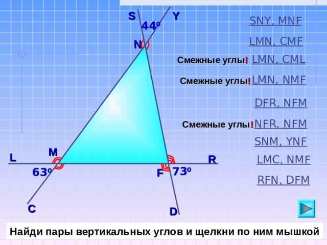 S Y SNY,  MNF  44 0 44 0 L М N, CMF N L М N, CML Смежные углы ! L М N,  NMF  Смежные углы ! DFR, NFM  NFR, NFM  Смежные углы ! SNM, YNF  М L R LMC, NMF 73 0 73 0 63 0 63 0 F RFN, DFM C D Найди пары вертикальных углов и щелкни по ним мышкой 