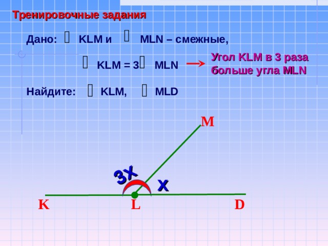 3х Тренировочные задания Дано: KLM и MLN – смежные,   KLM  = 3 MLN  Найдите: KLM , MLD Угол KLM в 3 раза больше угла MLN M Саврасова С.М., Ястребинецкий Г.А. «Упражнения по планиметрии на готовых чертежах» х K D L 