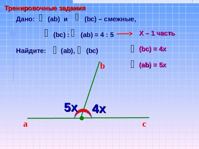 Тренировочные задания Дано: ( ab) и (bc) – смежные,   (bc) :  (ab) = 4 : 5  Найдите: ( ab) , (bc) X – 1 часть  ( bc) = 4x  (ab) = 5x b Саврасова С.М., Ястребинецкий Г.А. «Упражнения по планиметрии на готовых чертежах» 5 х 4 х a c 