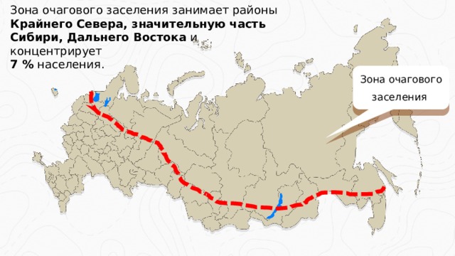 Зона очагового заселения занимает районы Крайнего Севера, значительную часть Сибири, Дальнего Востока и  концентрирует 7 % населения. Зона очагового заселения 