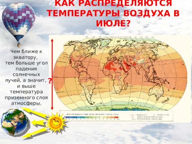 КАК РАСПРЕДЕЛЯЮТСЯ ТЕМПЕРАТУРЫ ВОЗДУХА В ИЮЛЕ? Чем ближе к экватору, тем больше угол падения солнечных лучей, а значит, и выше температура приземного слоя атмосферы. ? 