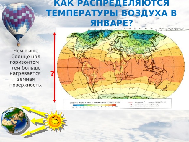 КАК РАСПРЕДЕЛЯЮТСЯ ТЕМПЕРАТУРЫ ВОЗДУХА В ЯНВАРЕ? Чем выше Солнце над горизонтом, тем больше нагревается земная поверхность. ? 