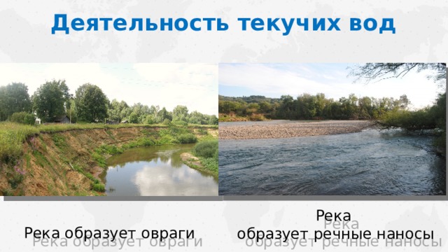 Деятельность текучих вод Река образует речные наносы Река образует овраги  