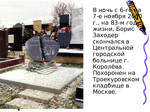  В ночь с 6-го на 7-е ноября 2000 г., на 83-м году жизни, Борис Заходер скончался в Центральной городской больнице г. Королёва. Похоронен на Троекуровском кладбище в Москве. 