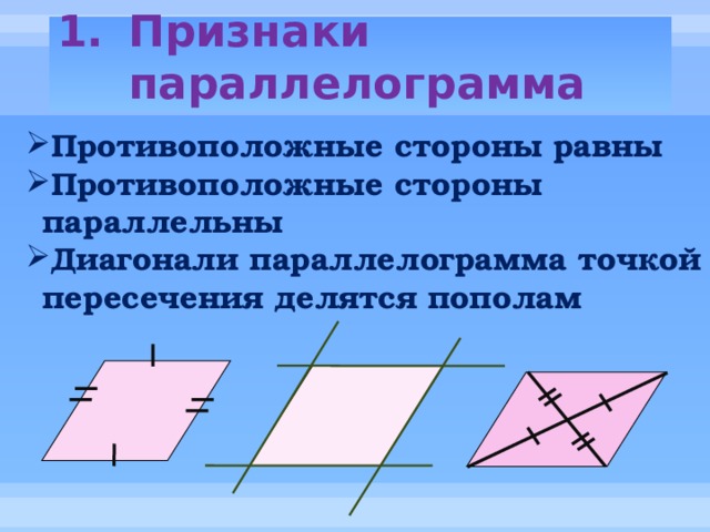 Признаки параллелограмма Противоположные стороны равны Противоположные стороны параллельны Диагонали параллелограмма точкой пересечения делятся пополам Противоположные стороны равны Противоположные стороны параллельны Диагонали параллелограмма точкой пересечения делятся пополам 