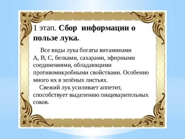 1 этап. Сбор информации о пользе лука.  Все виды лука богаты  витаминами А, В, С, белками, сахарами,  эфирными соединениями, обладающими противомикробными свойствами. Особенно много их в зелёных листьях.  Свежий лук усиливает аппетит, способствует выделению пищеварительных соков. 