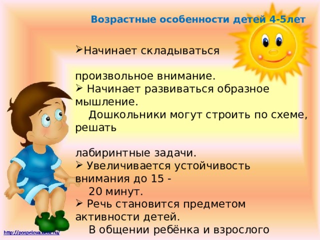Возрастные особенности детей 4-5лет Начинает складываться  произвольное внимание.  Начинает развиваться образное мышление.  Дошкольники могут строить по схеме, решать  лабиринтные задачи.  Увеличивается устойчивость внимания до 15 -  20 минут.  Речь становится предметом активности детей.  В общении ребёнка и взрослого ведущим  становится познавательный мотив.  Повышенная обидчивость представляет собой  возрастной феномен.  В группах начинают выделяться лидеры. Появляются конкурентность, соревновательность. 
