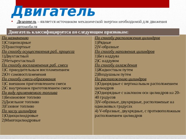 Двигатель Двигатель – является источником механической энергии необходимой для движения автомобиля Двигатель классифицируется по следующим признакам : По назначению   1)Стационарные  2)Транспортные  По способу осуществления раб. процесса 1)Двухтактный 2)Четырехтактный По способу воспламенения раб. смеси 1)С принудительным воспламенением 2)От самовоспламенения По способу смеси-образования 1)С внешним приготовлением смеси 2)С внутренним приготовлением смеси По виду применяемого топлива 1)Бензиновое топливо 2)Дизельное топливо 3)Газовое топливо По числу цилиндров 1)Одноцилиндровые 2)Многоцилиндровые По способу расположения цилиндров 1)Рядные 2 )V- образные По способу наполнения цилиндров 1)Без наддува 2)С наддувом По способу охлаждения 1)Жидкостным путем 2)Воздушным путем По расположению цилиндров 1)Однорядные с вертикальным расположением цилиндров 2)Однорядные с наклоном оси цилиндров на 20-40 градусов 3) V- образные, двухрядные, расположеные на одинаковых градусах 4) V- образные, двухрядные, с противоположным расположением цилиндров 