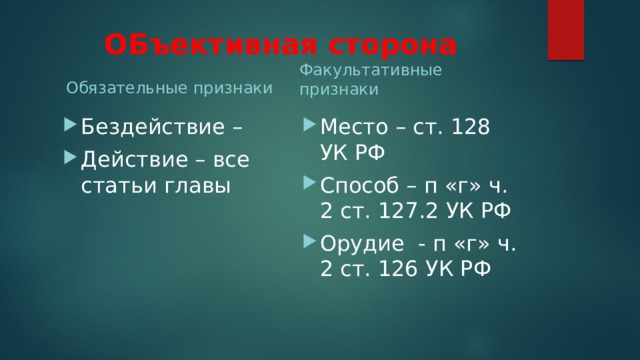 ОБъективная сторона Обязательные признаки Факультативные признаки Бездействие – Действие – все статьи главы Место – ст. 128 УК РФ Способ – п «г» ч. 2 ст. 127.2 УК РФ Орудие - п «г» ч. 2 ст. 126 УК РФ 