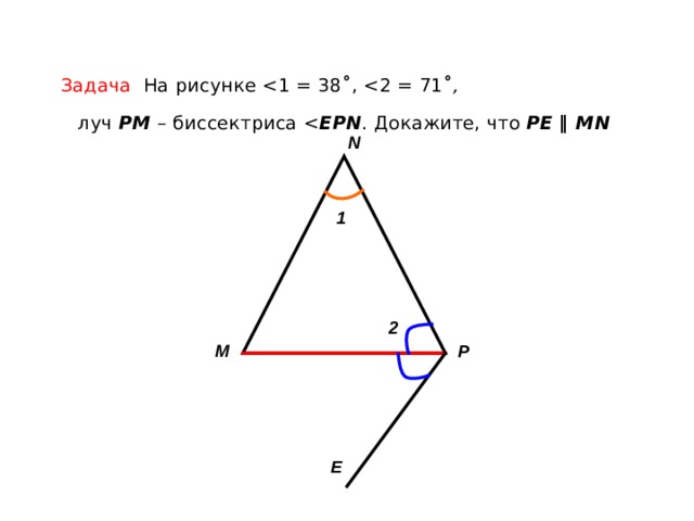  Задача На рисунке ˚ , ˚ ,  луч P М – биссектриса EPN . Докажите, что PE ‖ М N  N 1 2 М P E 