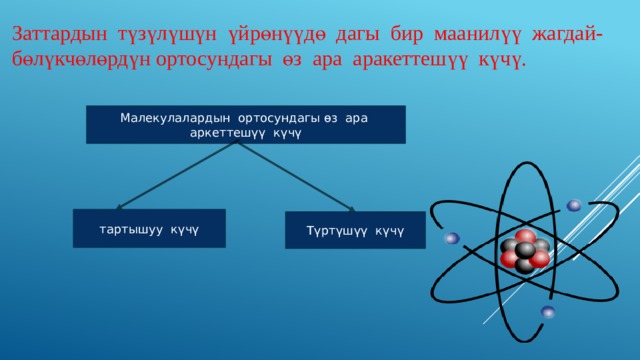 Заттардын түзүлүшүн үйрөнүүдө дагы бир маанилүү жагдай- бөлүкчөлөрдүн ортосундагы өз ара аракеттешүү күчү. Малекулалардын ортосундагы өз ара аркеттешүү күчү  тартышуу күчү Түртүшүү күчү 