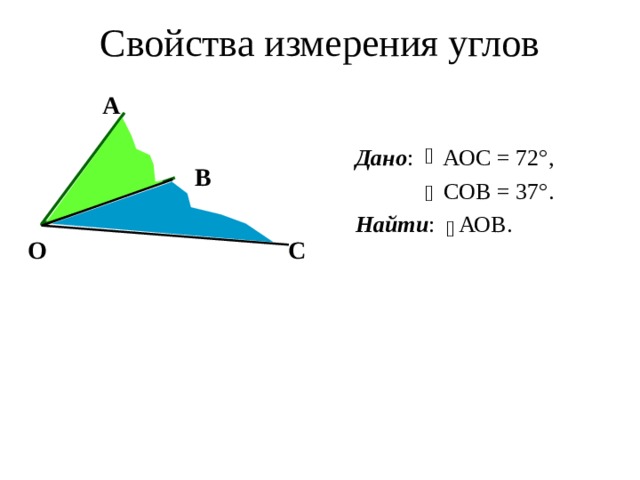 Свойства измерения углов  А   В  О С  Дано : АОС = 72°,  СОВ = 37°.  Найти : АОВ. 