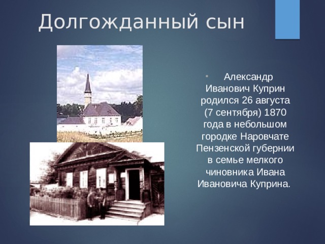 Долгожданный сын  Александр Иванович Куприн родился 26 августа (7 сентября) 1870 года в небольшом городке Наровчате Пензенской губернии в семье мелкого чиновника Ивана Ивановича Куприна. 