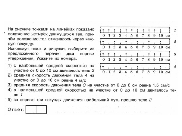 На рисунке точками на линейках показаны положения движущейся тележки для четырех случаев