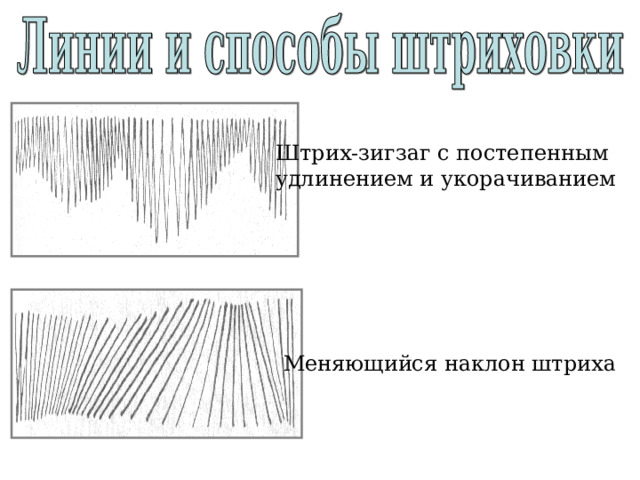 Штрих-зигзаг с постепенным удлинением и укорачиванием Меняющийся наклон штриха 