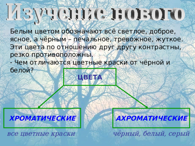 Белым цветом обозначают всё светлое, доброе, ясное, а чёрным – печальное, тревожное, жуткое. Эти цвета по отношению друг другу контрастны, резко противоположны. - Чем отличаются цветные краски от чёрной и белой? ЦВЕТА ХРОМАТИЧЕСКИЕ АХРОМАТИЧЕСКИЕ все цветные краски чёрный, белый, серый 