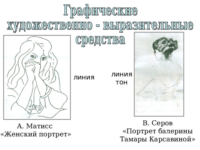 линия тон линия В. Серов «Портрет балерины Тамары Карсавиной» А. Матисс «Женский портрет» 