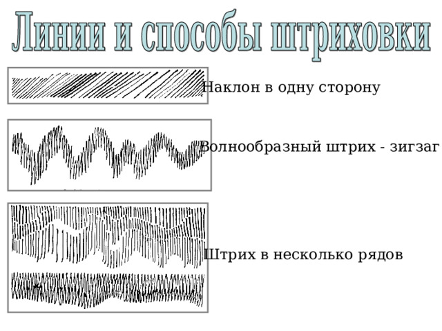 Наклон в одну сторону Волнообразный штрих - зигзаг Штрих в несколько рядов 