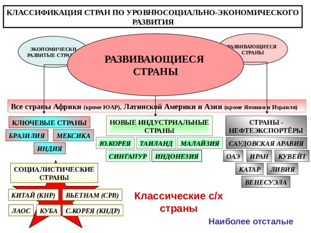 КЛАССИФИКАЦИЯ СТРАН ПО УРОВНЮСОЦИАЛЬНО-ЭКОНОМИЧЕСКОГО РАЗВИТИЯ РАЗВИВАЮЩИЕСЯ СТРАНЫ РАЗВИВАЮЩИЕСЯ СТРАНЫ СТРАНЫ С ПЕРЕХОДНОЙ ЭКОНОМИКОЙ ЭКОНОМИЧЕСКИ РАЗВИТЫЕ СТРАНЫ Все страны Африки (кроме ЮАР), Латинской Америки и Азии (кроме Японии и Израиля) СТРАНЫ - НЕФТЕЭКСПОРТЁРЫ НОВЫЕ ИНДУСТРИАЛЬНЫЕ СТРАНЫ КЛЮЧЕВЫЕ СТРАНЫ БРАЗИЛИЯ МЕКСИКА Ю.КОРЕЯ САУДОВСКАЯ АРАВИЯ МАЛАЙЗИЯ ТАИЛАНД ИНДИЯ ОАЭ ИНДОНЕЗИЯ СИНГАПУР КУВЕЙТ ИРАН ЛИВИЯ КАТАР СОЦИАЛИСТИЧЕСКИЕ СТРАНЫ ВЕНЕСУЭЛА Классические с/х страны КИТАЙ (КНР) ВЬЕТНАМ (СРВ) ЛАОС КУБА С.КОРЕЯ (КНДР) Наиболее отсталые 