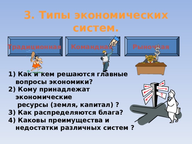 3. Типы экономических систем. Традиционная  Командная Рыночная  1) Как и кем решаются главные вопросы экономики? 2) Кому принадлежат экономические  ресурсы (земля, капитал) ? 3) Как распределяются блага? 4) Каковы преимущества и недостатки различных систем ? 