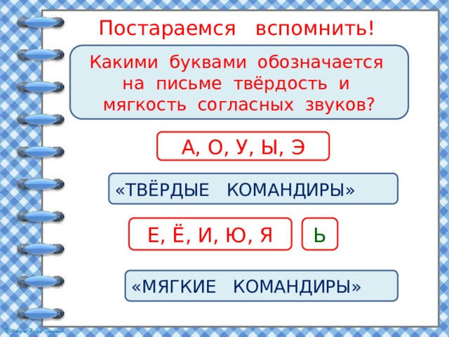 Постараемся вспомнить! Какими буквами обозначается на письме твёрдость и мягкость согласных звуков? А, О, У, Ы, Э «ТВЁРДЫЕ КОМАНДИРЫ» Е, Ё, И, Ю, Я Ь «МЯГКИЕ КОМАНДИРЫ» 