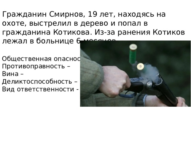 Гражданин Смирнов, 19 лет, находясь на охоте, выстрелил в дерево и попал в гражданина Котикова. Из-за ранения Котиков лежал в больнице 6 месяцев. Общественная опасность – Противоправность – Вина – Деликтоспособность – Вид ответственности - 