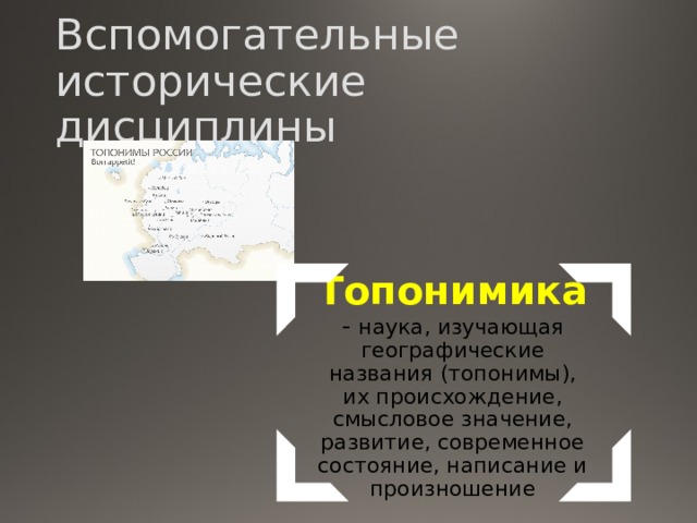 Вспомогательные исторические дисциплины Топонимика - наука, изучающая географические названия (топонимы), их происхождение, смысловое значение, развитие, современное состояние, написание и произношение 