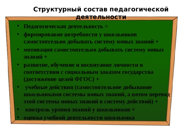 Структурный состав педагогической деятельности Педагогическая деятельность = формирование потребности у школьников самостоятельно добывать систему новых знаний + мотивация самостоятельно добывать систему новых знаний + развитие, обучение и воспитание личности в соответствии с социальным заказом государства (достижение целей ФГОС) +  учебные действия (самостоятельное добывание школьниками системы новых знаний, а потом перевод этой системы новых знаний в систему действий) +  контроль уровня знаний у школьников + оценка учебной деятельности школьника 