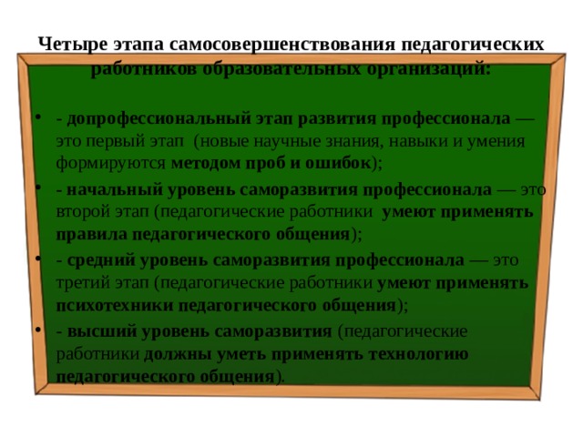 Четыре этапа самосовершенствования педагогических работников образовательных организаций: - допрофессиональный этап развития профессионала — это первый этап (новые научные знания, навыки и умения формируются методом проб и ошибок ); - начальный уровень саморазвития профессионала — это второй этап (педагогические работники умеют применять правила педагогического общения ); - средний уровень саморазвития профессионала — это третий этап (педагогические работники умеют применять психотехники педагогического общения ); - высший уровень саморазвития (педагогические работники должны уметь применять технологию педагогического общения ). 