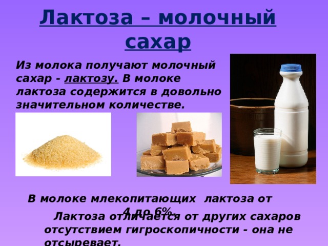 Лактоза – молочный сахар Из молока получают молочный сахар - лактозу. В молоке лактоза содержится в довольно значительном количестве. В молоке млекопитающих лактоза от 4 до 6%. Лактоза отличается от других сахаров отсутствием гигроскопичности - она не отсыревает. 