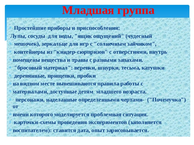  Младшая группа     Простейшие приборы и приспособления:   Лупы, сосуды  для воды, 