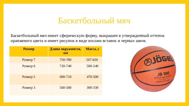 Баскетбольный мяч Баскетбольный мяч имеет сферическую форму, выкрашен в утвержденный оттенок оранжевого цвета и имеет рисунок в виде восьми вставок и черных швов.  Размер Размер 7 Длина окружности, мм 750-780 Масса, г Размер 6 Размер 5 567-650  720-740 Размер 3 500-540 690-710 470-500 560-580 300-330 