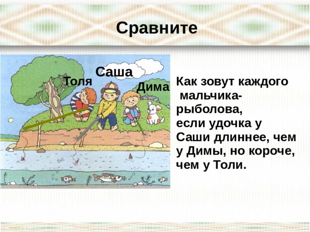 Сравните Саша  Как зовут каждого  мальчика- рыболова, если удочка у Саши длиннее, чем у Димы, но короче, чем у Толи. Толя Дима  