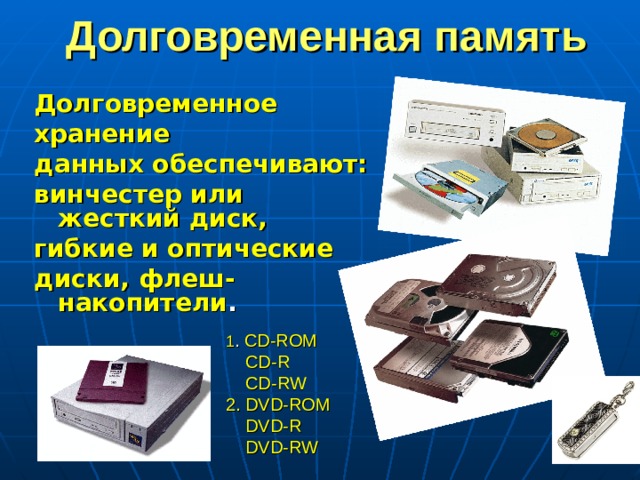 Долговременная память Долговременное хранение данных обеспечивают: винчестер или жесткий диск, гибкие и оптические диски, флеш-накопители . 1 .  CD-ROM  CD-R  CD-RW 2 . DVD-ROM  DVD-R  DVD-RW  