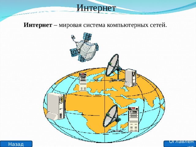 Интернет Интернет – мировая система компьютерных сетей. Оглавление Назад 