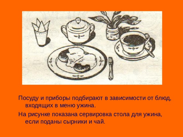 Посуду и приборы подбирают в зависимости от блюд, входящих в меню ужина. На рисунке показана сервировка стола для ужина, если поданы сырники и чай. 
