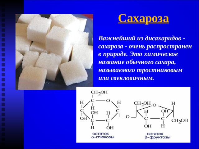 Сахароза Важнейший из дисахаридов - сахароза - очень распространен в природе. Это химическое название обычного сахара, называемого тростниковым или свекловичным. 