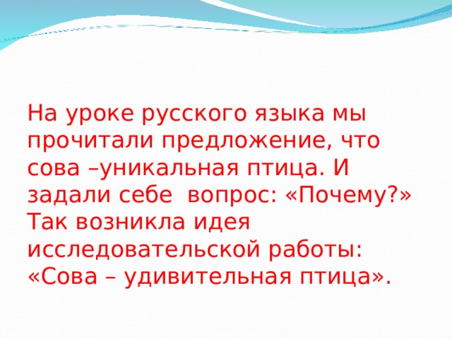 На уроке русского языка мы прочитали предложение, что сова –уникальная птица. И задали себе вопрос: «Почему?» Так возникла идея исследовательской работы: «Сова – удивительная птица». 