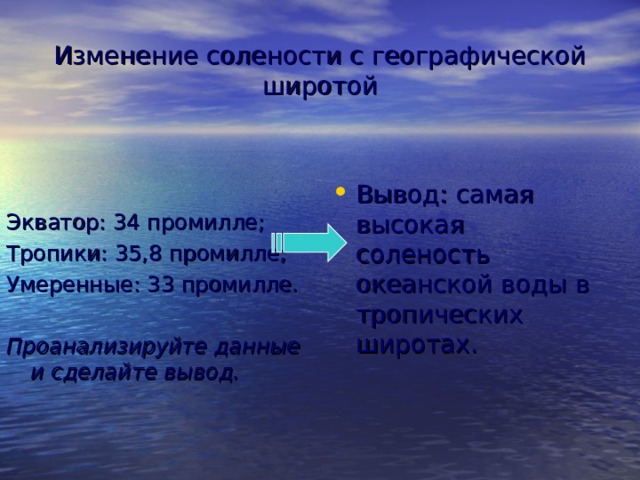 Изменение солености с географической широтой Вывод: самая высокая соленость океанской воды в тропических широтах. Экватор: 34 промилле; Тропики: 35,8 промилле; Умеренные: 33 промилле. Проанализируйте данные и сделайте вывод. 