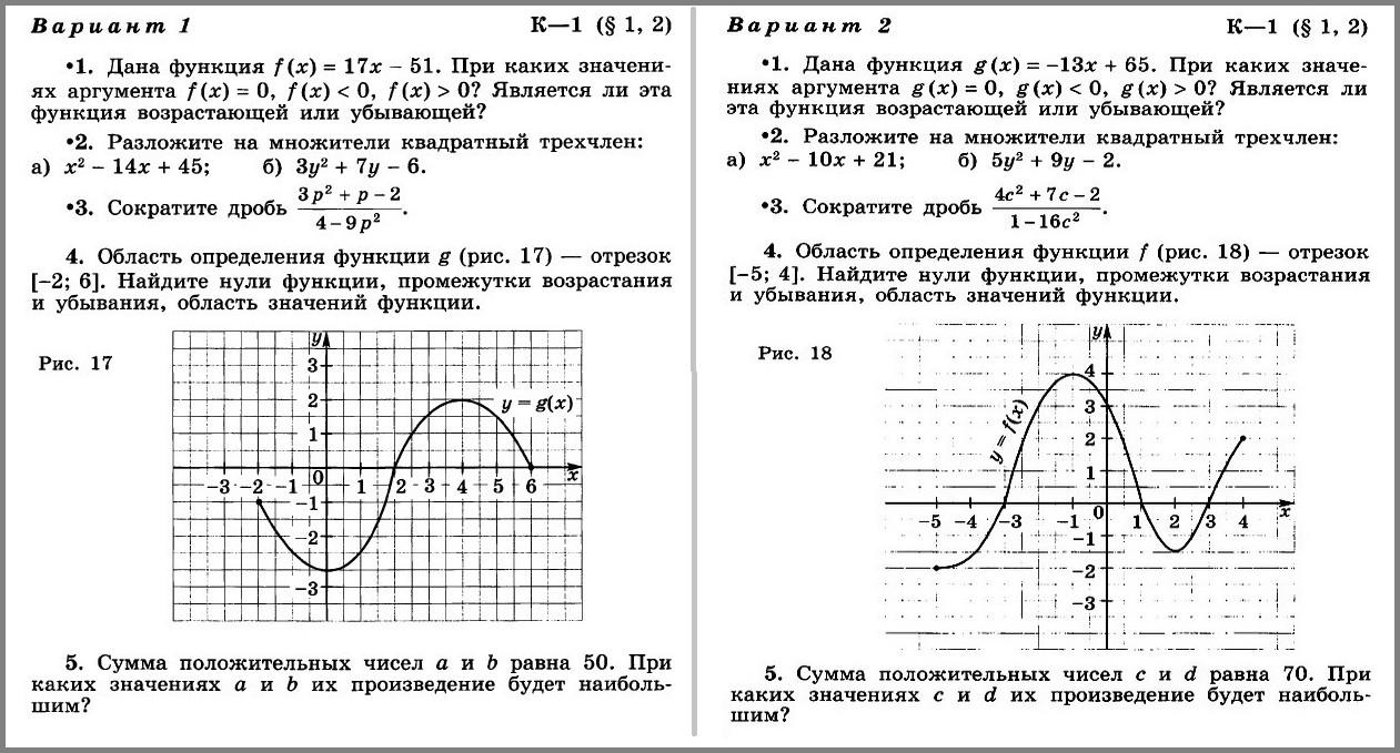 Контрольная работа № 1 по алгебре (9 класс, Макарычев Ю.Н.)