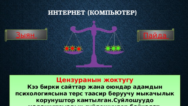 Интернет (компьютер)    Зыян Пайда Цензуранын жоктугу Кээ бирки сайттар жана оюндар адамдын психологиясына терс таасир беруучу мыкачылык корунуштор камтылган.Суйлошуудо маданиятсыздык суйлошуулор байкалат. 