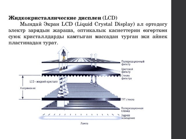 Жидкокристаллические дисплеи (LCD)   Мындай Экран LCD (Liquid Crystal Display) ал ортодогу электр зарядын жараша, оптикалык касиеттерин өзгөрткөн суюк кристаллдарды камтыган массадан турган эки айнек пластинадан турат. 