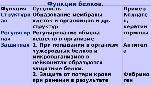 Функции белков. Функция Сущность Структурная Пример Образование мембраны клеток и органоидов и др. структур Регуляторная Коллаген, кератин Регулирование обмена веществ в организме Защитная гормоны – 1. При попадании в организм чужеродных белков и микроорганизмов в лейкоцитах образуются защитные белки. 2. Защита от потери крови при ранении в результате свертывания Транспортная Антитела       Фибриноген Присоединение и перенос химических элементов по организму Гемоглобин 